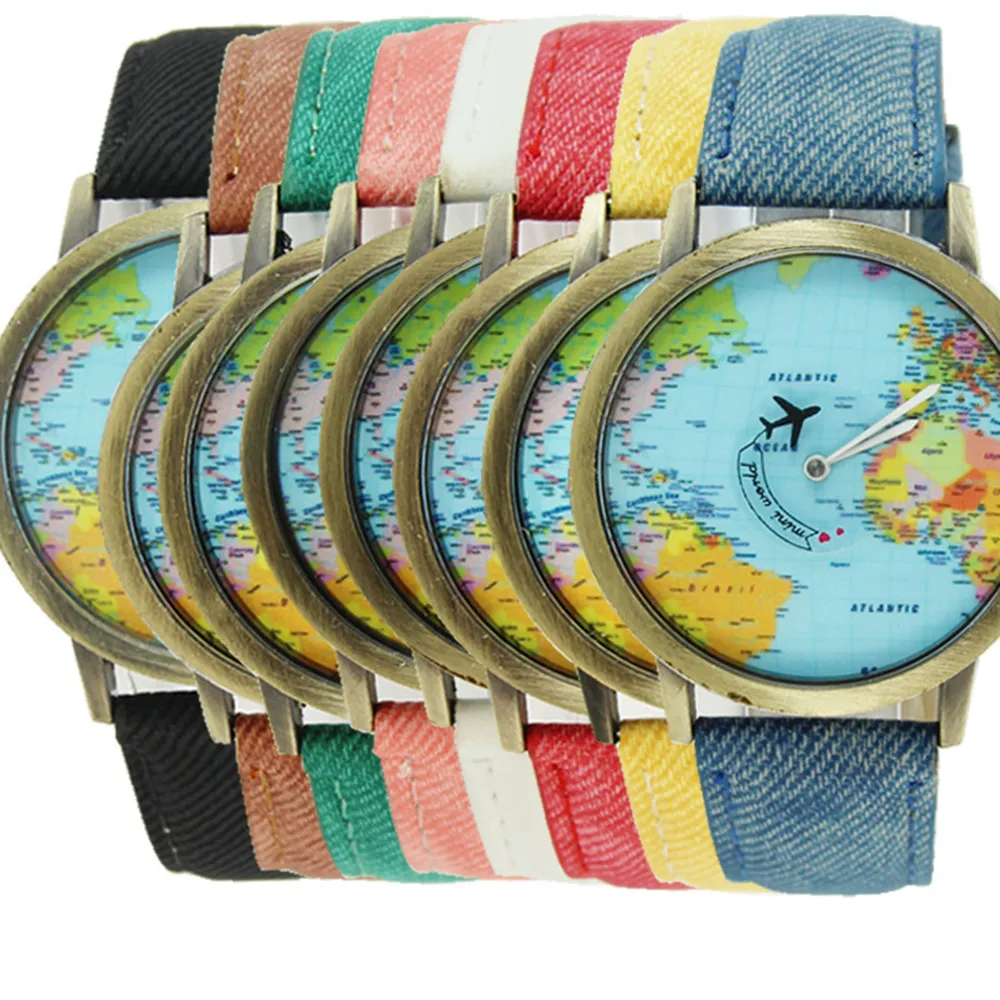 

Women Watch Bronze Dial World Map Flight Airplane Watch Travel World Denim Strap Quartz Watches Women Dress Wristwatch Gifts