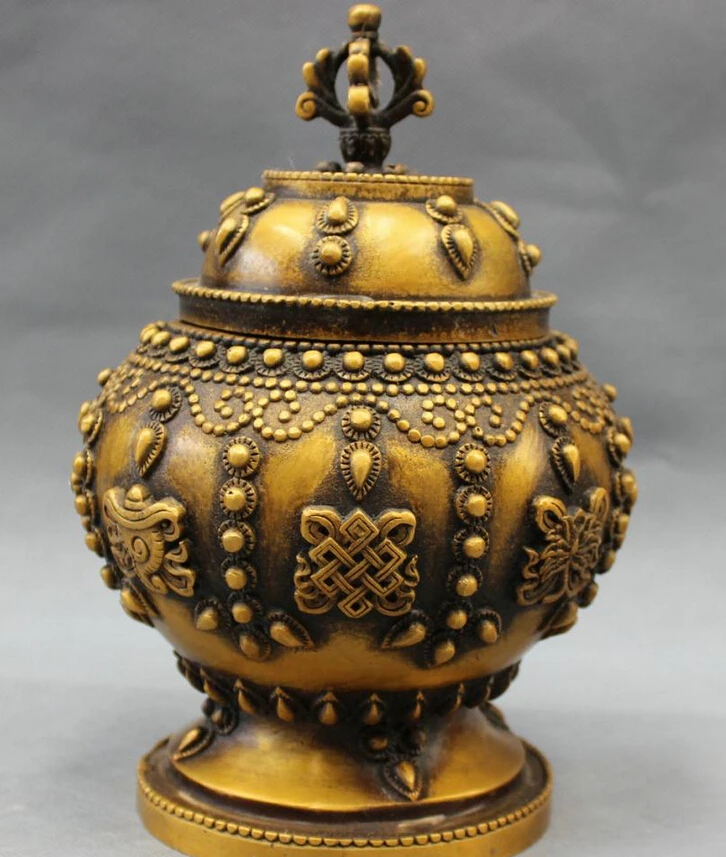 

song voge gem S4264 9" Tibet Bronze Folk Buddhism 8 Auspicious Symbol Statue Box Vajra Zang Jar