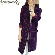 Женское весеннее/осеннее Новое вязаное пальто, женское свободное клетчатое пальто-свитер с длинным рукавом, женский кардиган большого размера, длинное пальто X1206