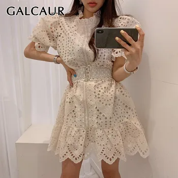 

GALCAUR Puff Sleeve Lace Dress Women Ruffle Short Sleeve Hollow out Dresses Female Casual Clothes Korean 2020 Summer New