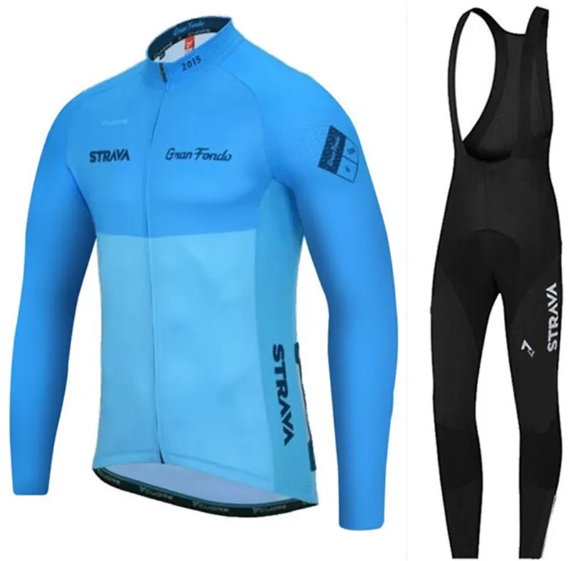 

2018 Pro STRAVA Team Cycling Jersey Quick Dry Long Sleeve Jerseys And Cycling Bib Pants Set Cycling Clothes Breathable blue