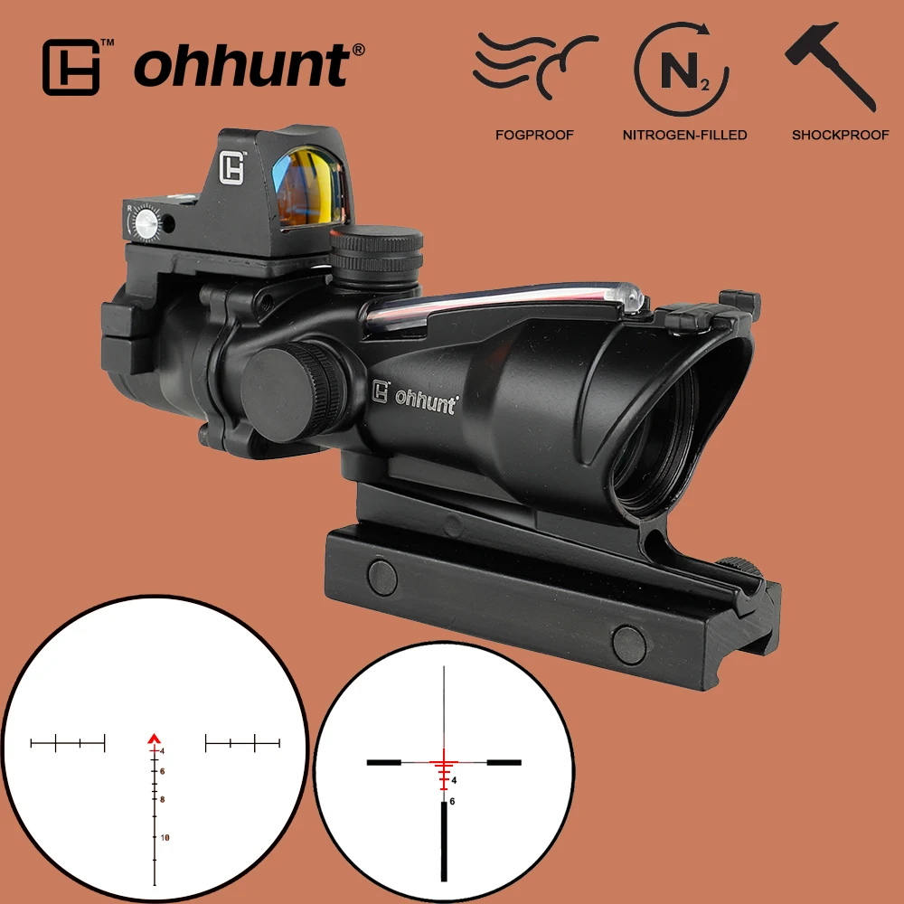 

ohhunt Tactical 4X32 Real Fiber Optical Sights Chevron BDC Reticle Red Green Illuminated Scope with Red Dot for Hunting Rifle