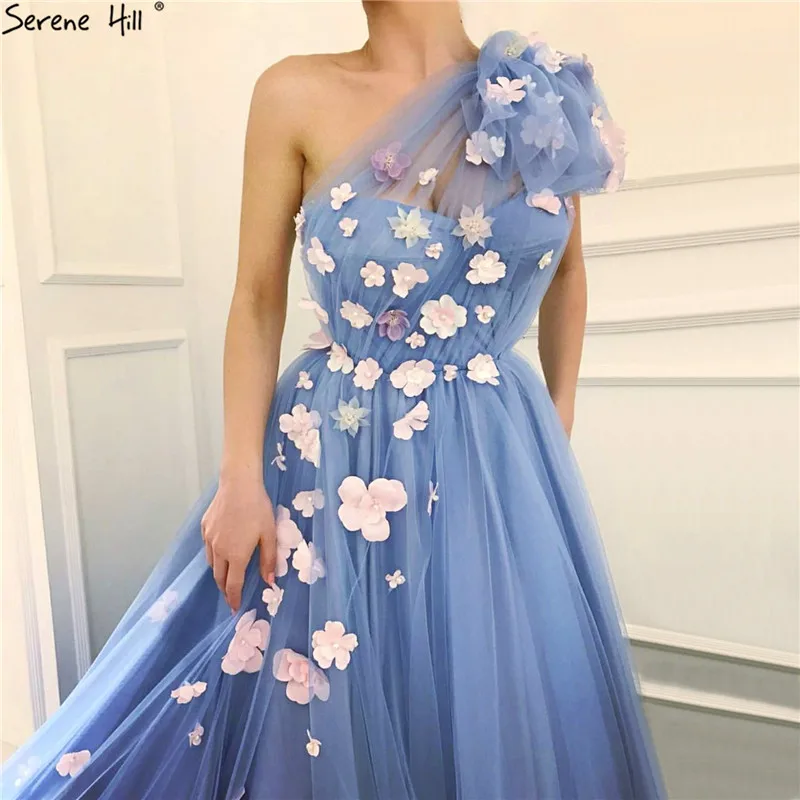 Голубое сексуальное пляжное вечернее платье на одно плечо, ручная работа, цветы, жемчуг, без рукавов, вечерние платья Serene hilm BLA60814 - Цвет: blue