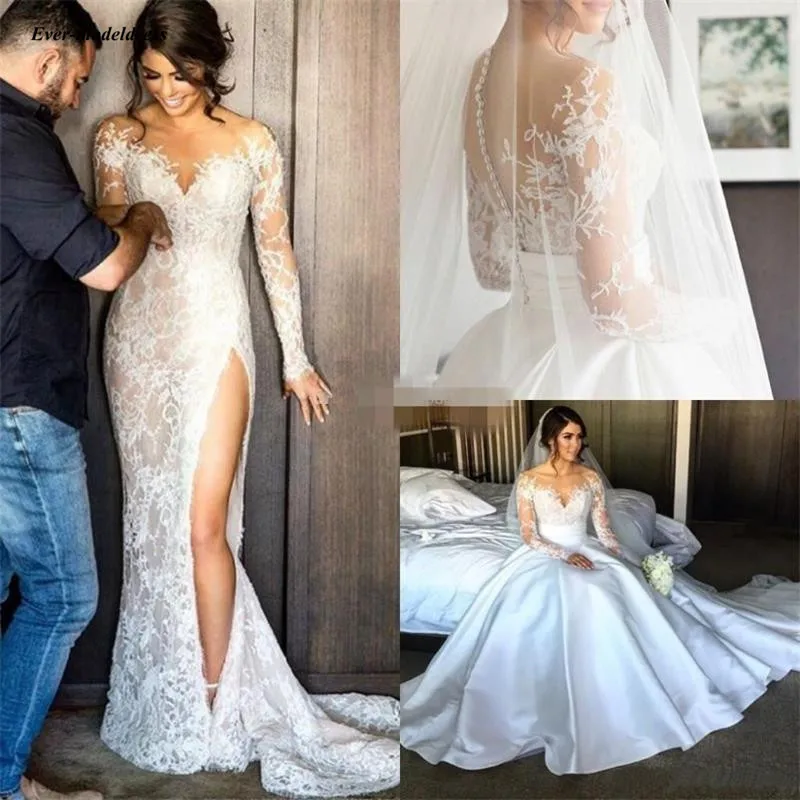

Sexy Lace Mermaid Wedding Dresses 2019 Illusion Appliques Long Sleeves Detachable Train Bride Dress Customized Vestido De Noiva