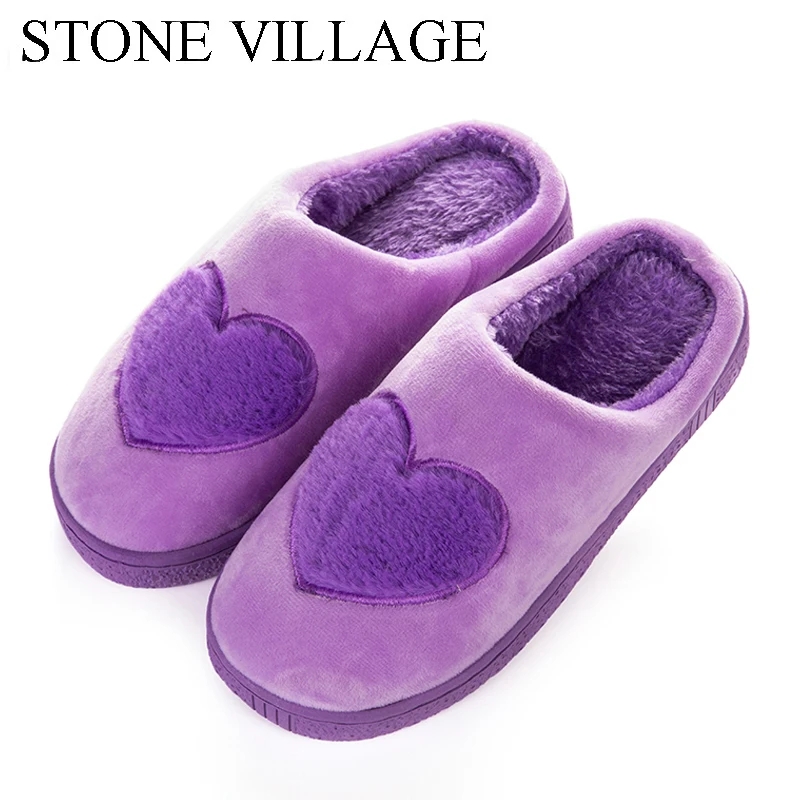 Goedkoop STEEN DORP Nieuwe Dames Zoete Hartvormige Winter Thuis Slippers Indoor Vrouwen Slipper Schoenen Warme Zachte Pluche Katoen Slippers mannen