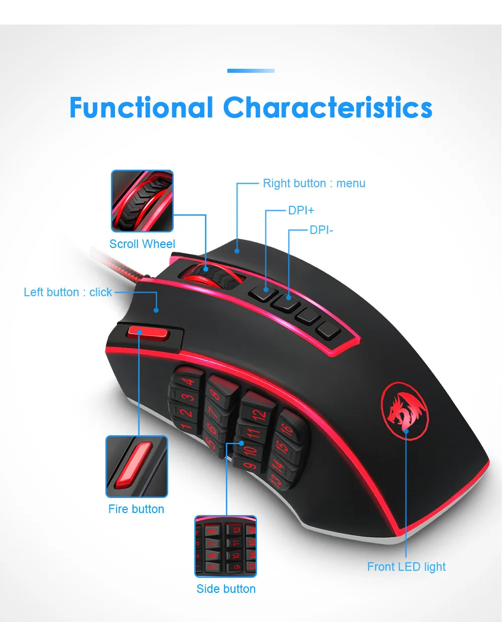 Redragon Wired USB Gaming Mouse 24000DPI 24 Buttons Laser Programmable Game Mice LED RGB Backlight Ergonomic For Laptop Computer