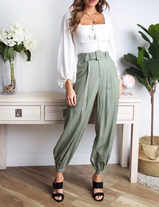 

2019 Summer Women High Waist Cigarette Pants Bohemia Morandi Color Belt Loose Pants Zipper Fly Solid Harem Trousers