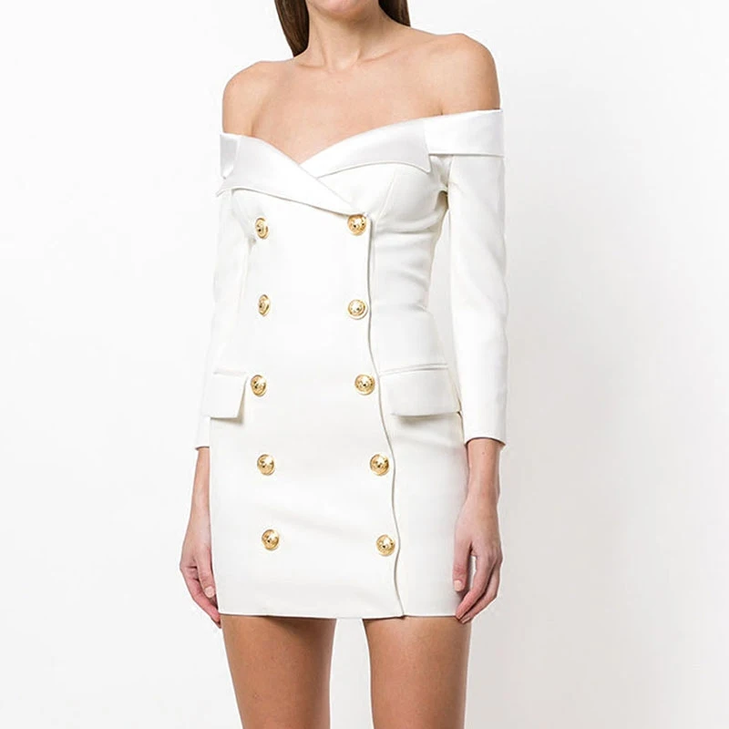 

EXCELLENT QUALITY Baroque Designer Dress for Women Double Breasted Metal Buttons Notched Collar Off Shoulder Dress