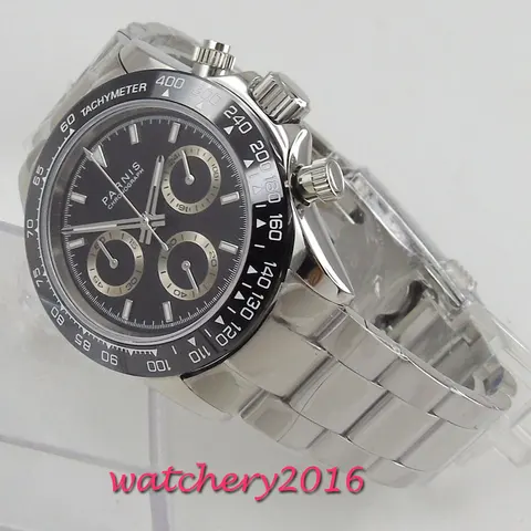 Relógio de Quartzo Parnis Safira Cristal Casual Sólido Aço Inoxidável Masculino Moldura Cerâmica Nova Chegada 39mm