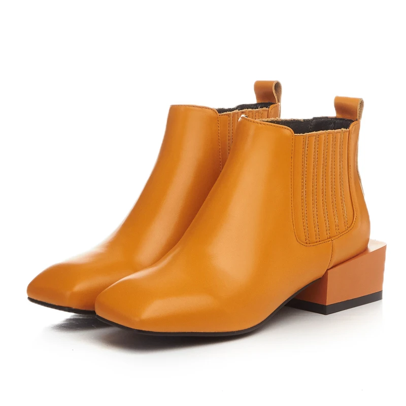 

2017 Genuine Leather brand Women Fashion European Boots Square Toe Spring Famous designer Boots Slip On Ladies Booties Med Heel