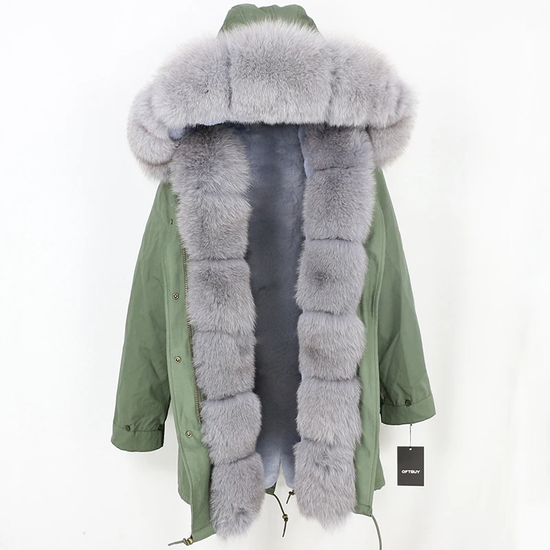 green grey Зимняя куртка женская Повседневная длинная парка натуральный мех пальто натуральный Лисий меховой воротник толстый теплый бренд роскошный Съемный уличная - Цвет: green grey