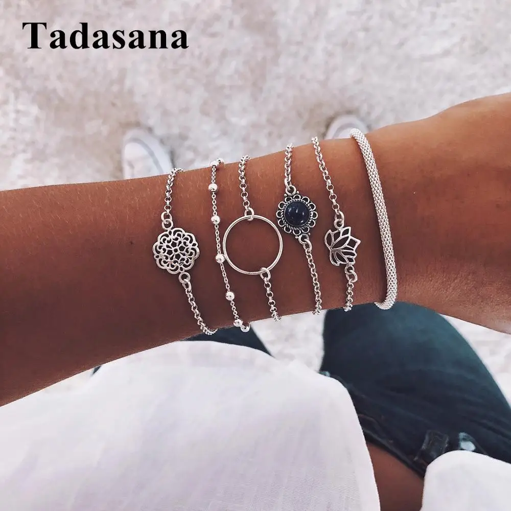 

6Pcs/set Fashion Silver Color lotus charm Geometric Chain Bracelet Set Women Charm Bracelet Metal Party Jewelry Gift