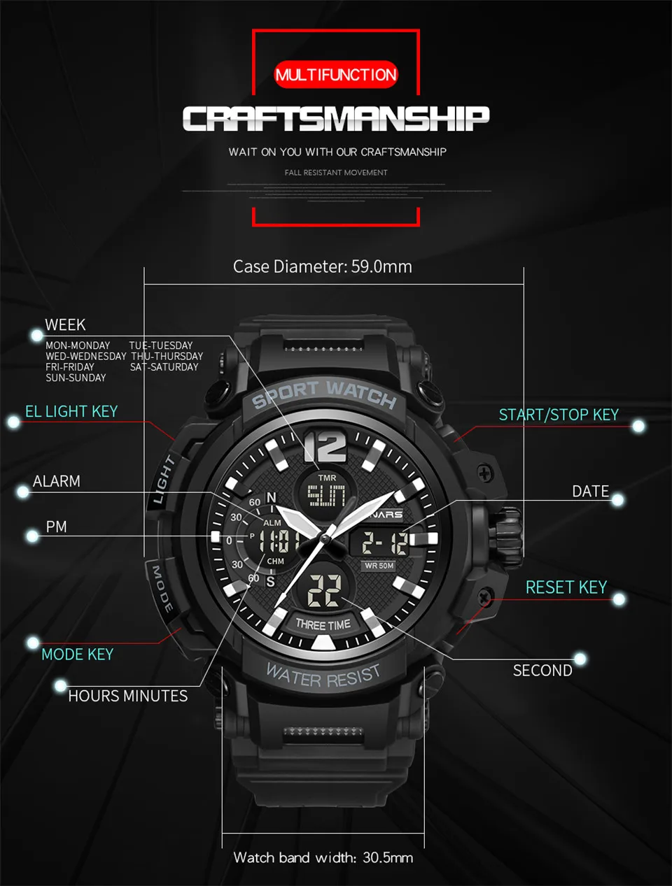 Men Outdoor Sport Digital Fashion Watches Top Brand Male Multifunction Water Resistant Watch Alarm Chronograph Relogio Masculino 6