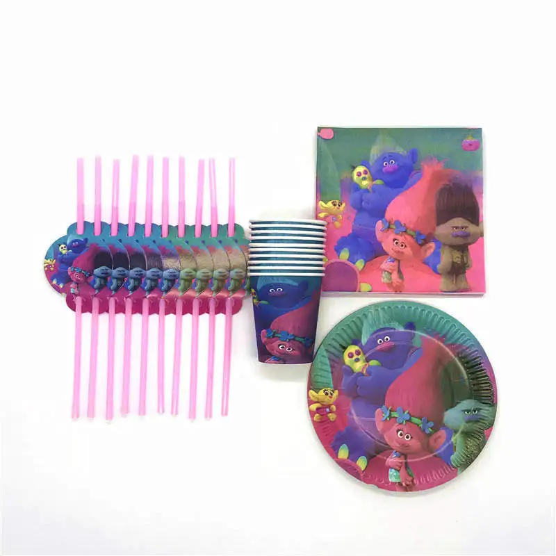 

Trolls Theme Design 80Pcs/Lot Paper Tableware Event & Party Child Birthday Party Cup Plate Straw Napkin Decoration Supplies