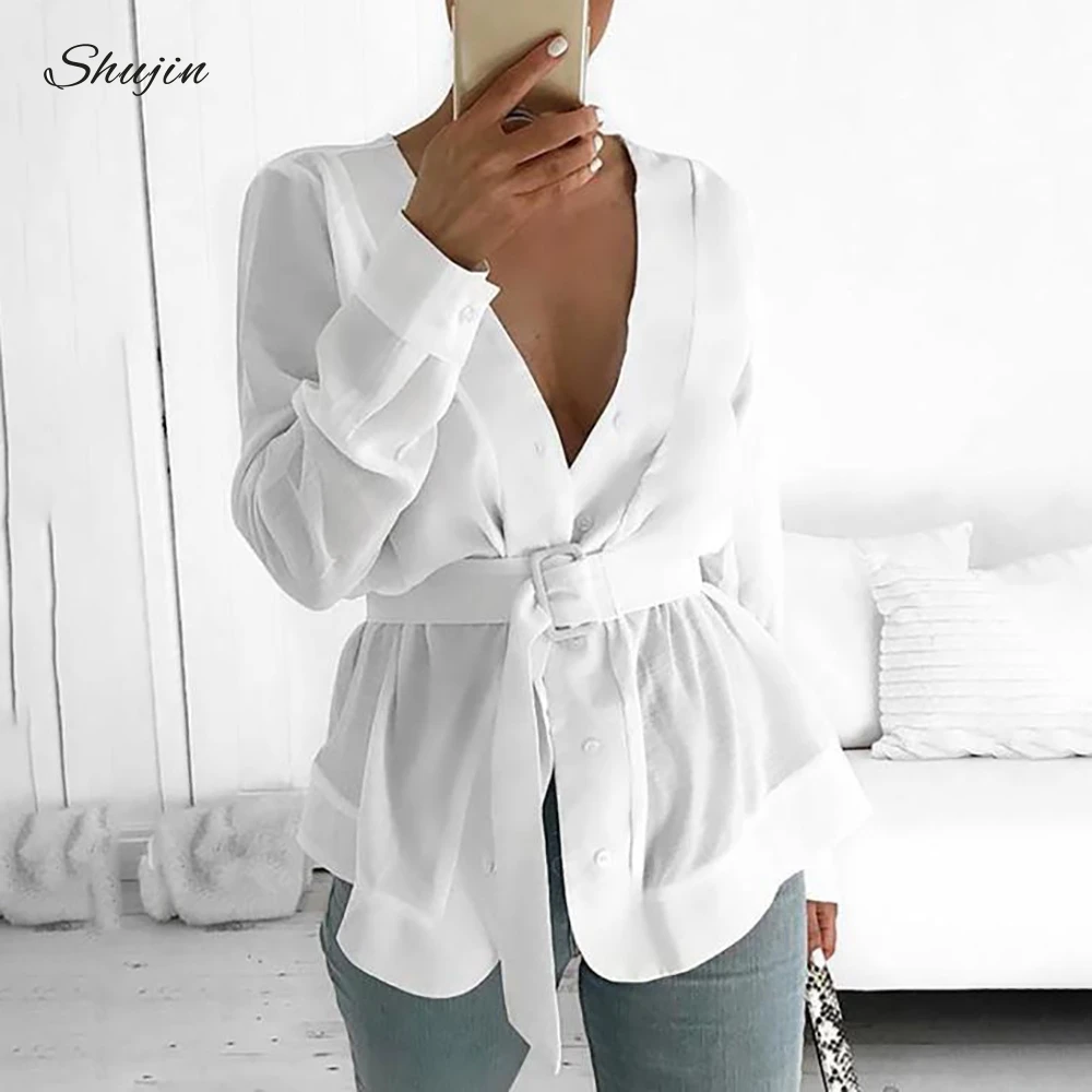

SHUJIN Women 2019 Women With Belt Tunic Shirt Long Sleeve Peplum Casual Top OL Workwear Mujer Blusas White Shirts