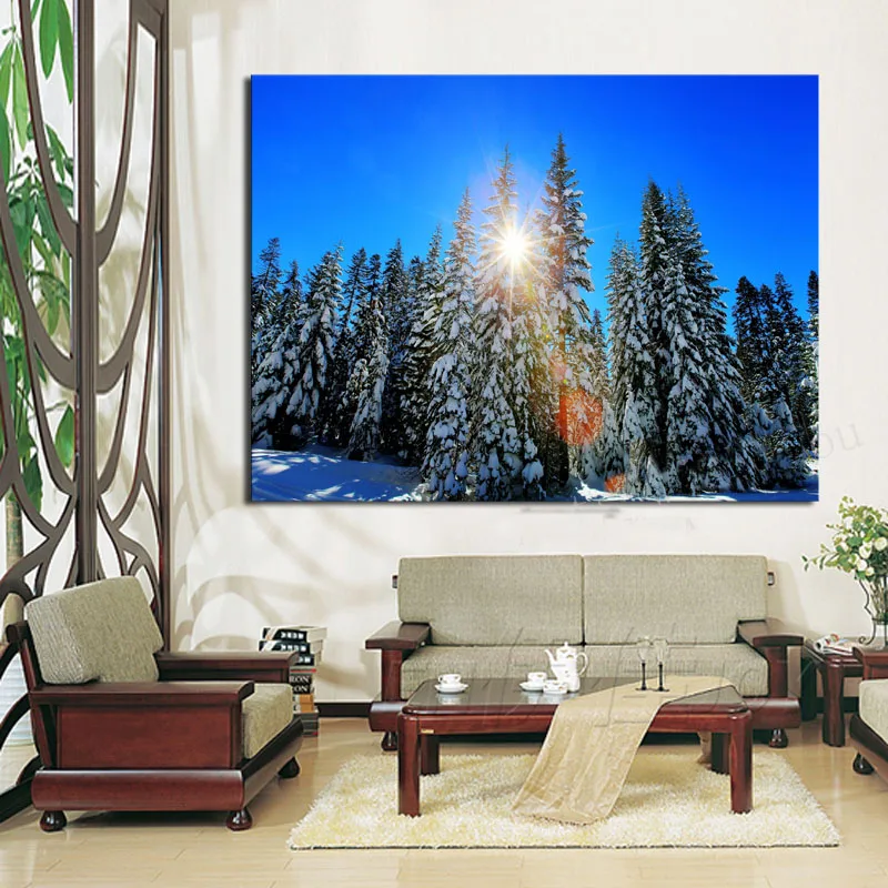 

1Panel Decorative Art Picture Beautiful Snow Sun And Tall Tree Mountain Painting On Canvas For Room Home Decor Wall OilPaintings