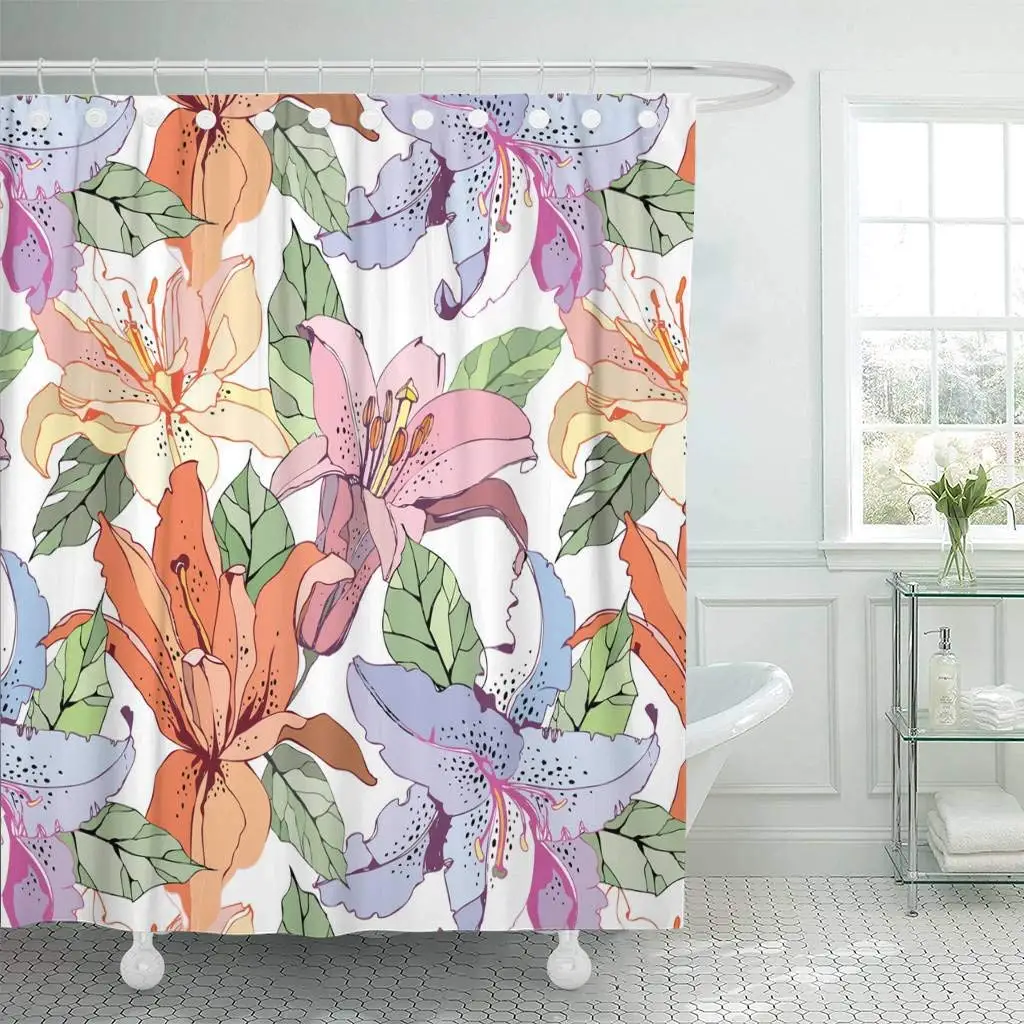 

Shower Curtain with Hooks Orange Flower with Lily Pink Floral Drawing Summer Nature Blooming Blossom Cute Decorative Bathroom