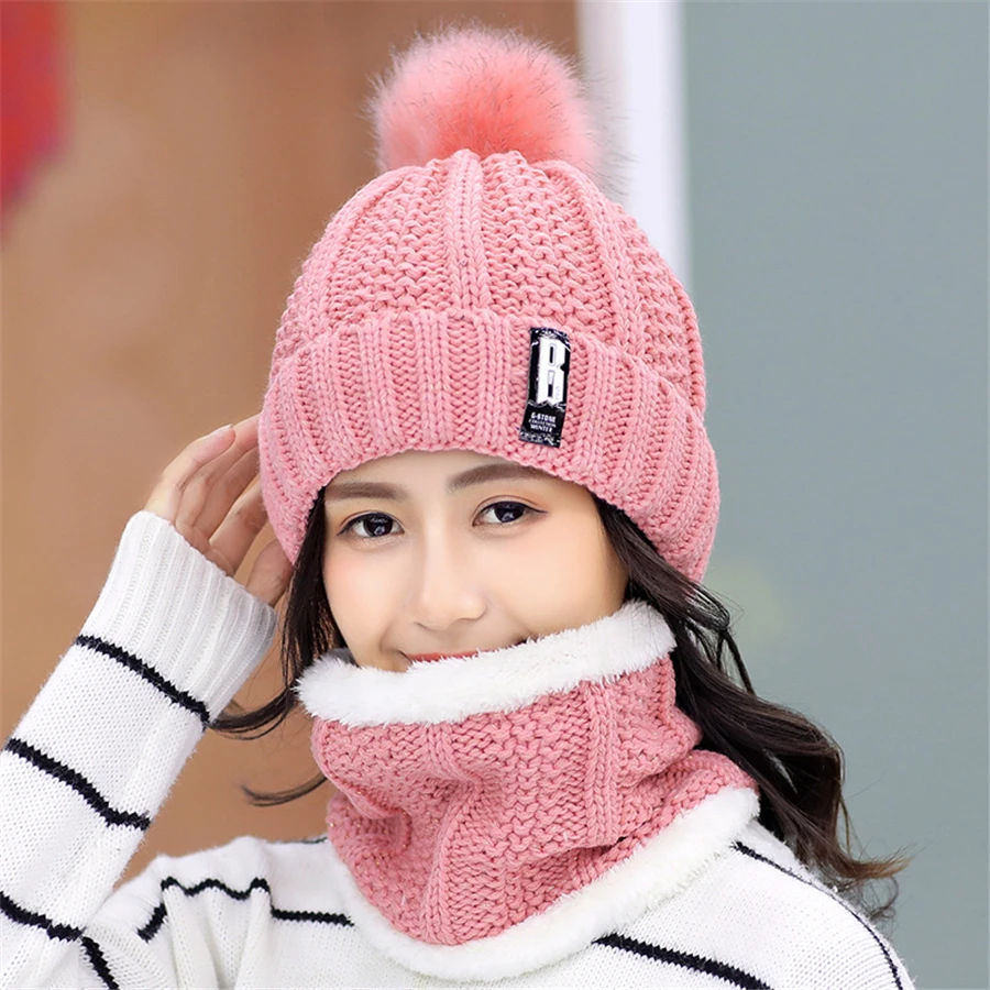New Brand Winter knit Beanies Hat Women Thick Warm Beanie Skullies Hat Female Letters Bonnet Beanie Caps Outdoor Riding Sets Bib