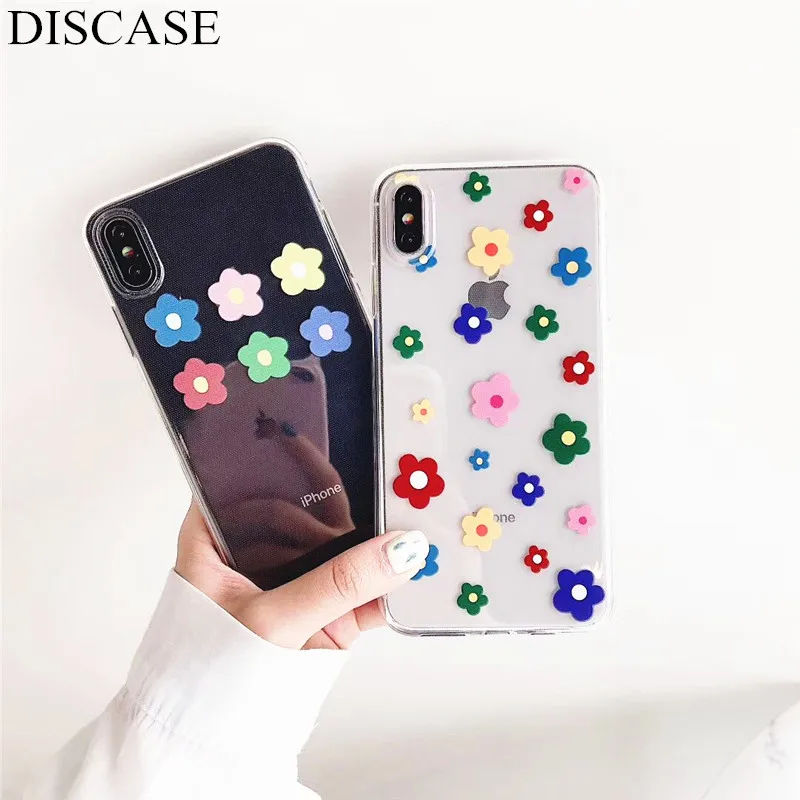 DISCASE Fresh Colored Flowers Phone Case For iphone 8 7 6 6s plus XS MAX XR X Transparent TPU Soft Shell Back Cover | Мобильные