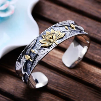 

925 Sterling Silver Retro Lotus Flower Zen Yoga Bracelet Jewelry A2068