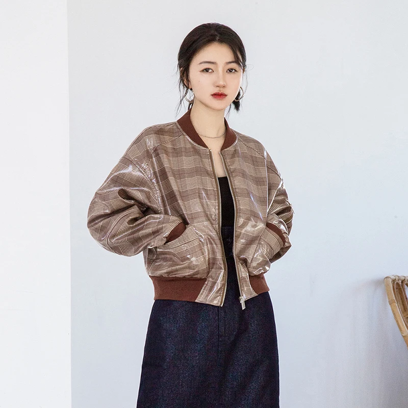 Harajuku плед курточка бомбер для женщин молния короткие одноцветное пальто для будущих мам 2019 Новое поступление Мода ПВХ ткань с длинным