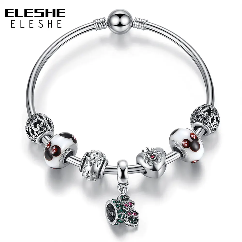 ELESHE Silver Strand Bracelet Lovely Minnie Pendant Bracelets Bangle Jewelry DIY Murano Glass Beads Charm Bracelet for Women