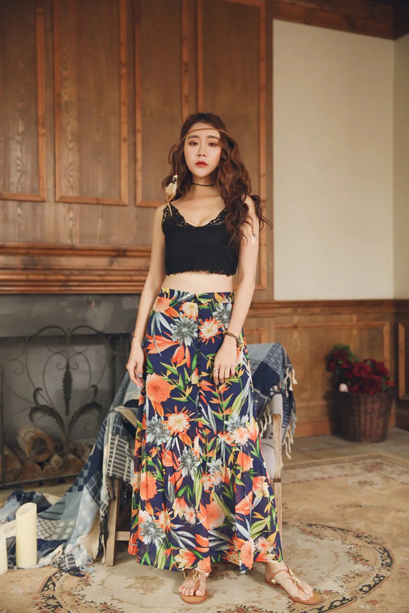 Moda jihan Для женщин юбки коплект летней длинная юбка из шифона с большим подолом в стиле «Бохо Стиль женские пляжные юбки сторона Разделение голубой туристический пуговицы для юбки