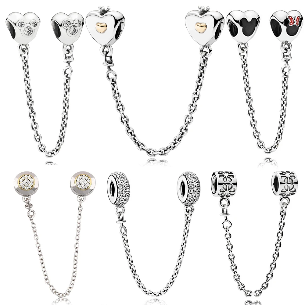 

Mickey & Minnie Mouse Safty Chain Charm Beads 100% Real 925 Sterling Silver Diseny Charm Beads Fit Brand Bracelet Diy Jewelry