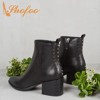 

Genuine Leather Studded Ankle Boots Motorcycle Block Heels Side Zipper Black Shoes Womens Classic Autumn 2019 Rivets Size 44 45