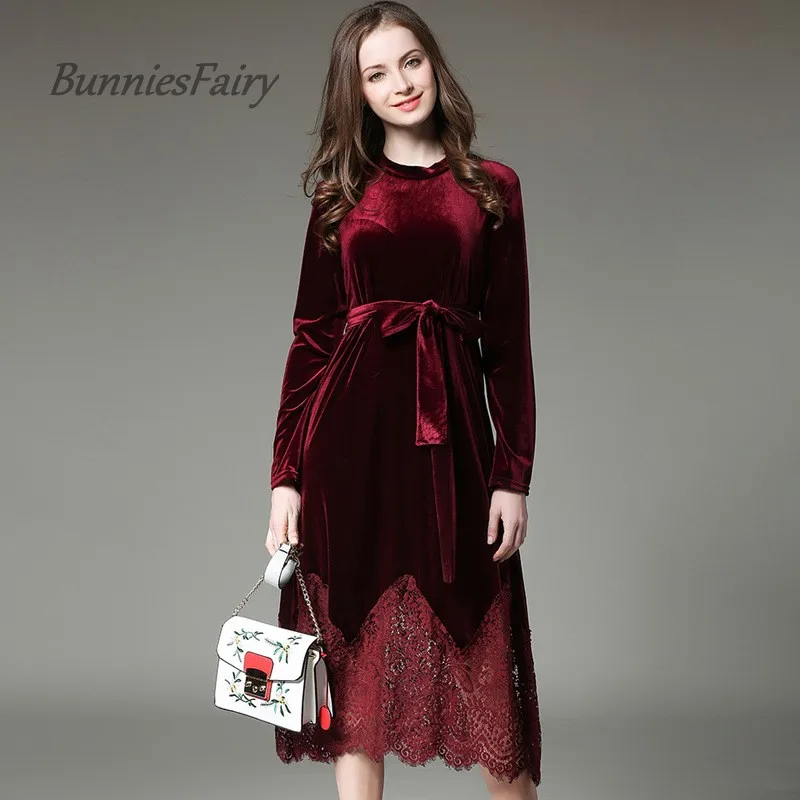 BunniesFairy 2017 осеннее и зимнее винтажное бархатное ажурное кружевное платье с