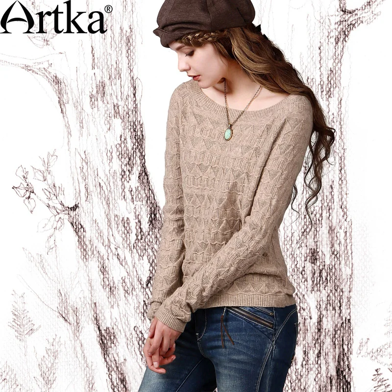 

ARTKA Women's Autumn Retro Vintage Simple High-end Pure Wool Cable Knit Wide Scoop Neck Soft Skin-friendly Sweater YB18131D