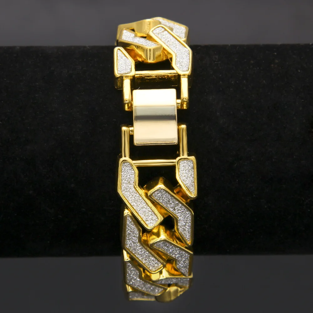 Пескоструйный браслет, кубинская цепочка, сплав, льдом, хип-хоп, золотой, серебряный тон, блестящий кристалл, тяжелый, 15 мм, для мужских браслетов 8,6"