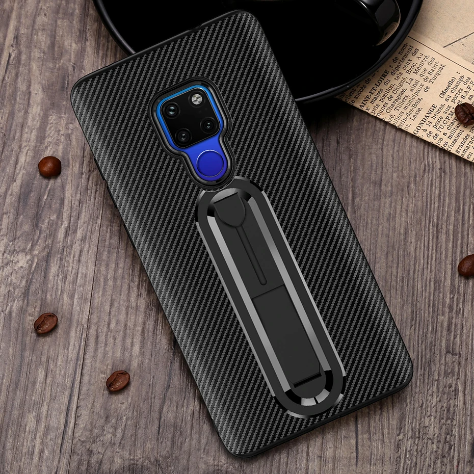 

FastDeng Carbon Fiber Case With Bracket Holder For Huawei P20lite P20pro Mate10 Soft TPU shocklproof back For Honor 8X 9 p10lite