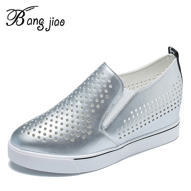 

BANGJIAO 2019 Summer Platform Shoes Women Casual Hollow-out PU Leather Breathable Flats Loafers Height Increasing Shoes