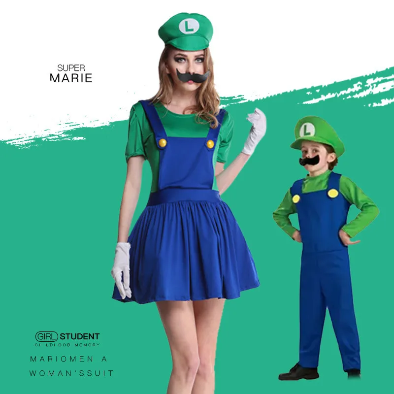 New Super Mario Cosplay Costumes Kids Adult Funy Luigi Bros Plumber Purim Cartoon Fancy Ball Dress Family Christmas Party Suit