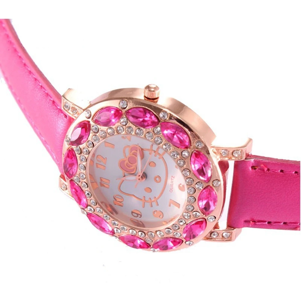 Милый горный хрусталь рисунок «Hello Kitty» детей часы Красочные Diamond Dial кожа группа Для женщин наручные часы Reloj Mujer Enfant дропшиппинг