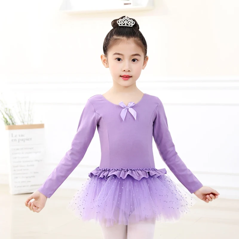 Гимнастический костюм Детская Одежда для танцев Одежда для упражнений балетное платье для девочек Хлопковое цельнокроеное платье кружевное длинное платье - Цвет: Фиолетовый