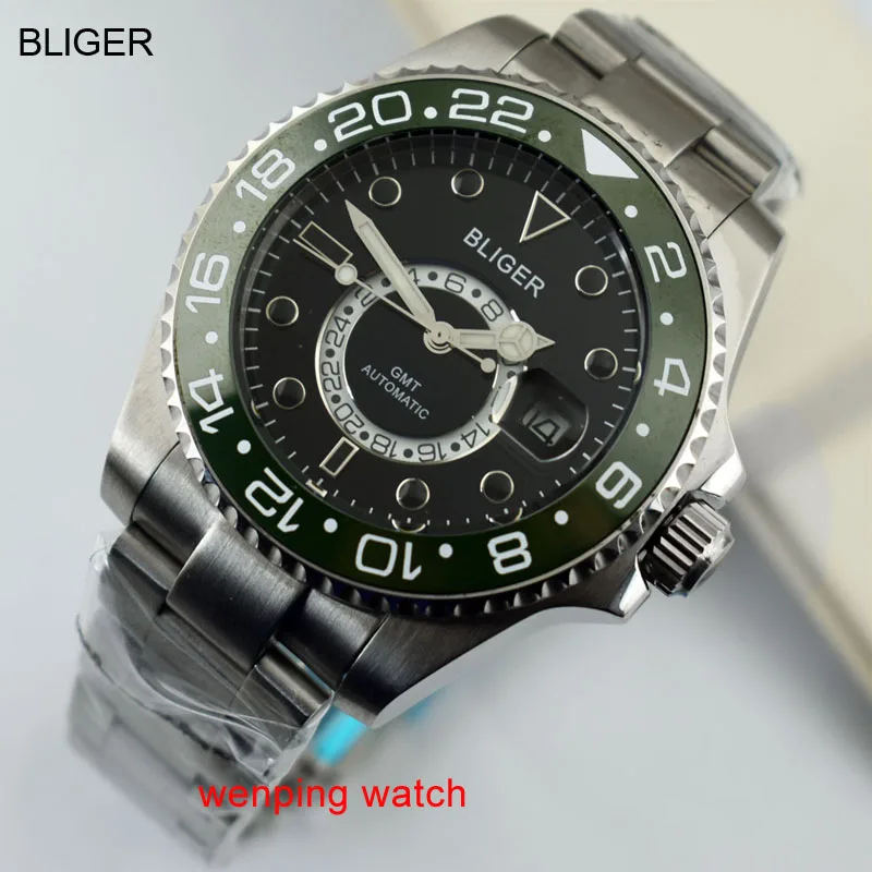 1 шт. bliger 43 мм Керамика 21 типов ободок для вас выбрать черный циферблат GMT Watch руки Автоматическая Мужские наручные часы e2416
