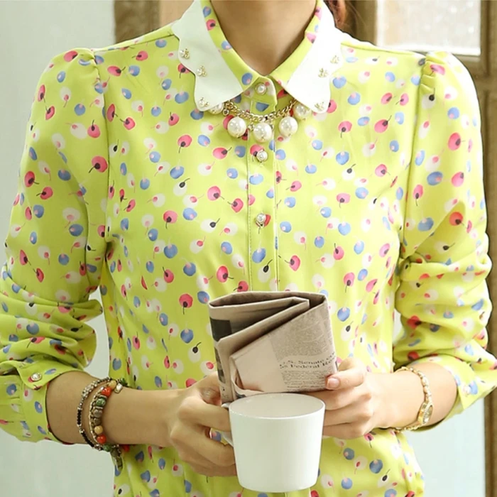 2014 spring new Korean doll blouses Slim collar shirt large size women bottoming long-sleeved chiffon shirts |