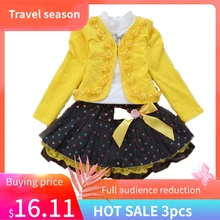 Теплый зимний костюм для девочек белая футболка+ розовая куртка+ сетчатая юбка-пачка в горошек детская одежда повседневные комплекты из 3 предметов с цветочным принтом юбка для маленьких детей