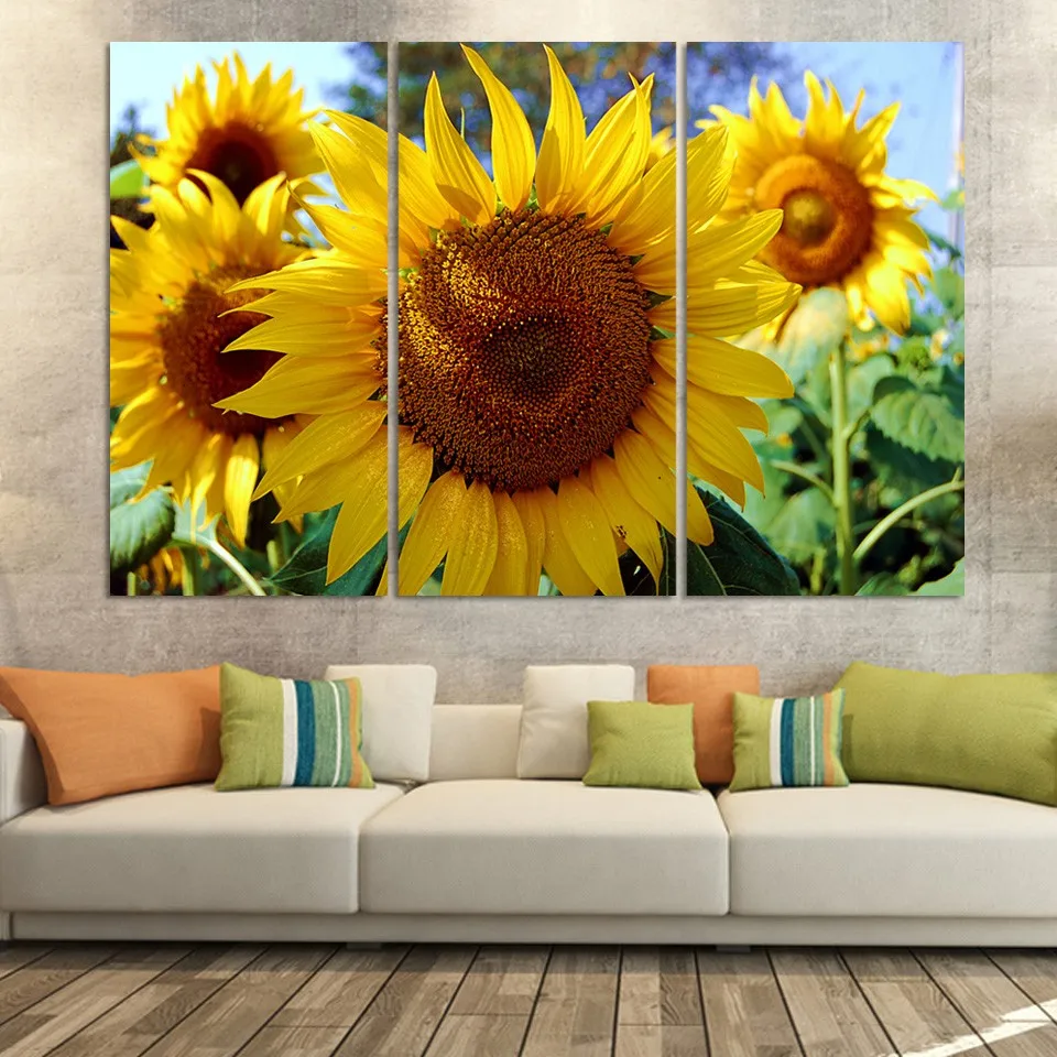 2017 JIE DO ART 3 Panel Sunflower Modular Decoration Posters Picture On