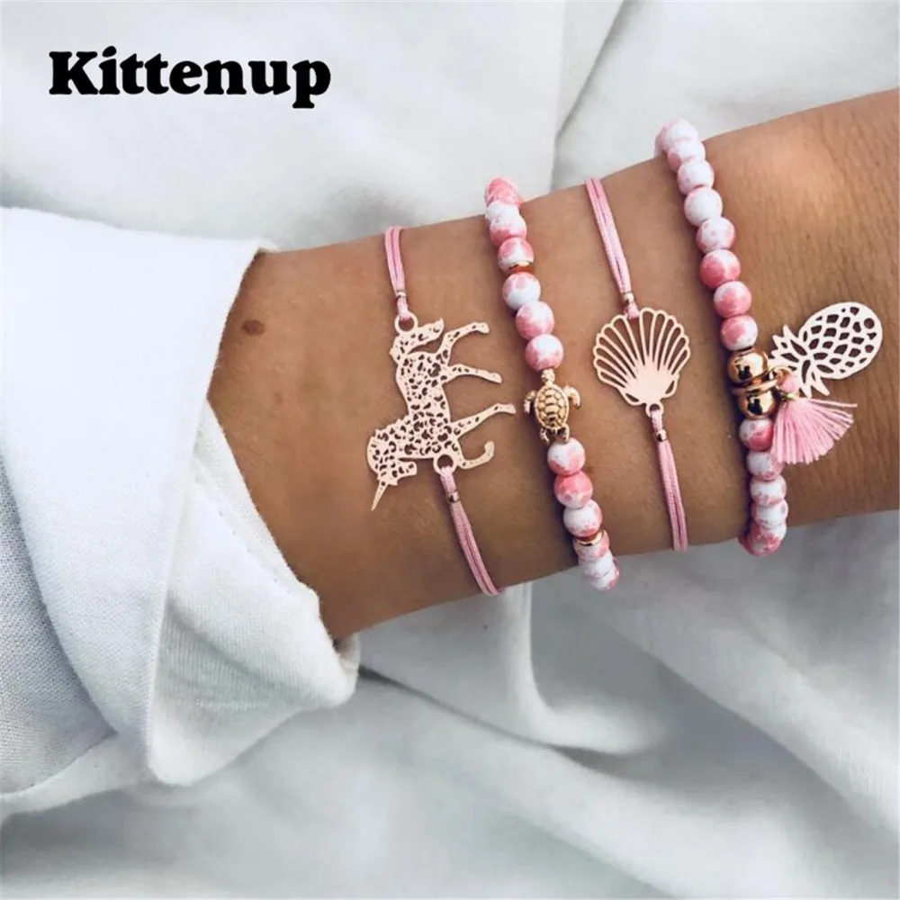 Kittenup 4 шт. милые животные Единорог ананас оболочки розовый браслет для Для женщин