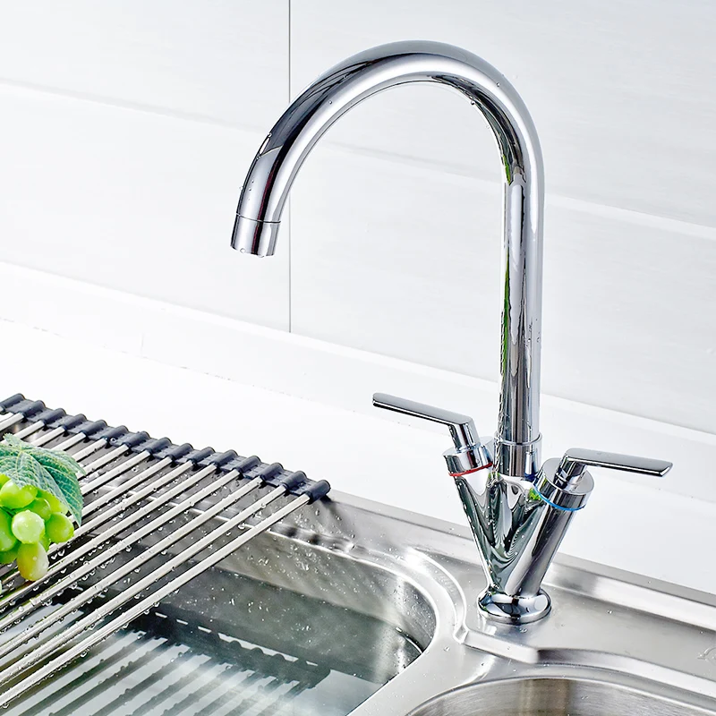 Fapully Dual Handle Kitchen Sink Tap Deck Mounted Chrome kitchen mixer 360 Degree Rotating Swivel Cold Hot Kitchen Faucets 
