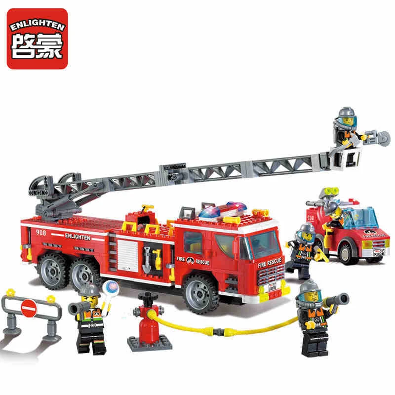 

908 ENLIGHTEN Scaling Ladder Fire Rescue Truck Firefighting Model Building Blocks DIY Figure Toys For Children Compatible Legoe