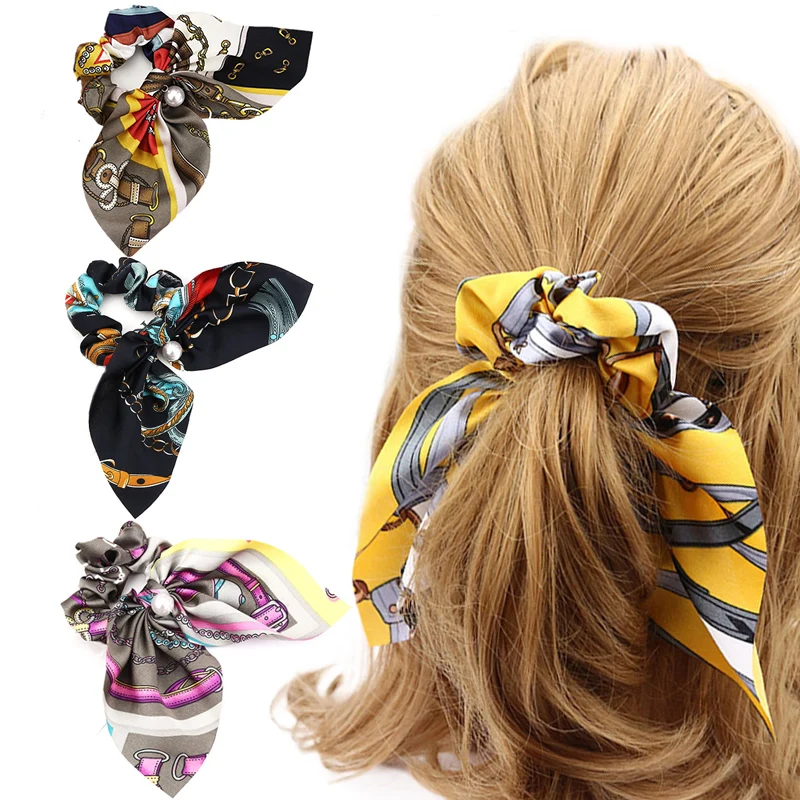 

1PC Large Bowknot Hair Rope Lady Pearl Floral Printed Sweet Women Girls Elastic Hair Bands Accessories