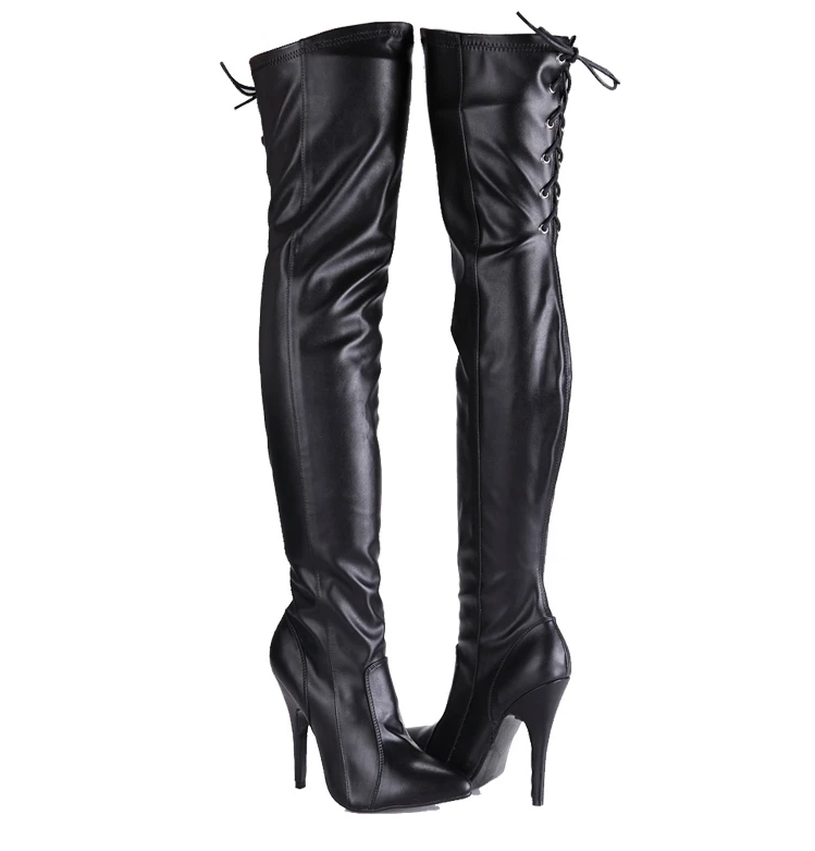 

12cm rear strap slim stretch sexy high-heeled patent leather boots big size 5-15 - black