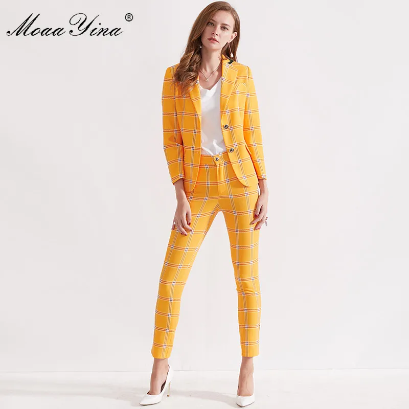 

MoaaYina Fashion Designer Set Spring Women Long sleeve England Style Plaid Office Career Elegant Tops+Trousers Two-piece suit