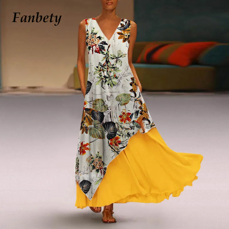 

Fanbety Women sexy Sleeveless 2 pcs set Print vintage dress Elegant Summer V-neck Floral print Robe Ruffle Boho Dress plus size