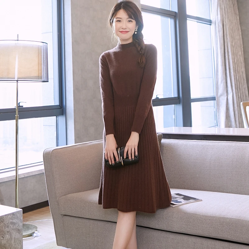 

Women Dress 100% Goat Cashmere Knitted Pullover Winter New Fashion Long Dresses Ladies Pure Pashmina Knitwear 6Colors Girl Dress