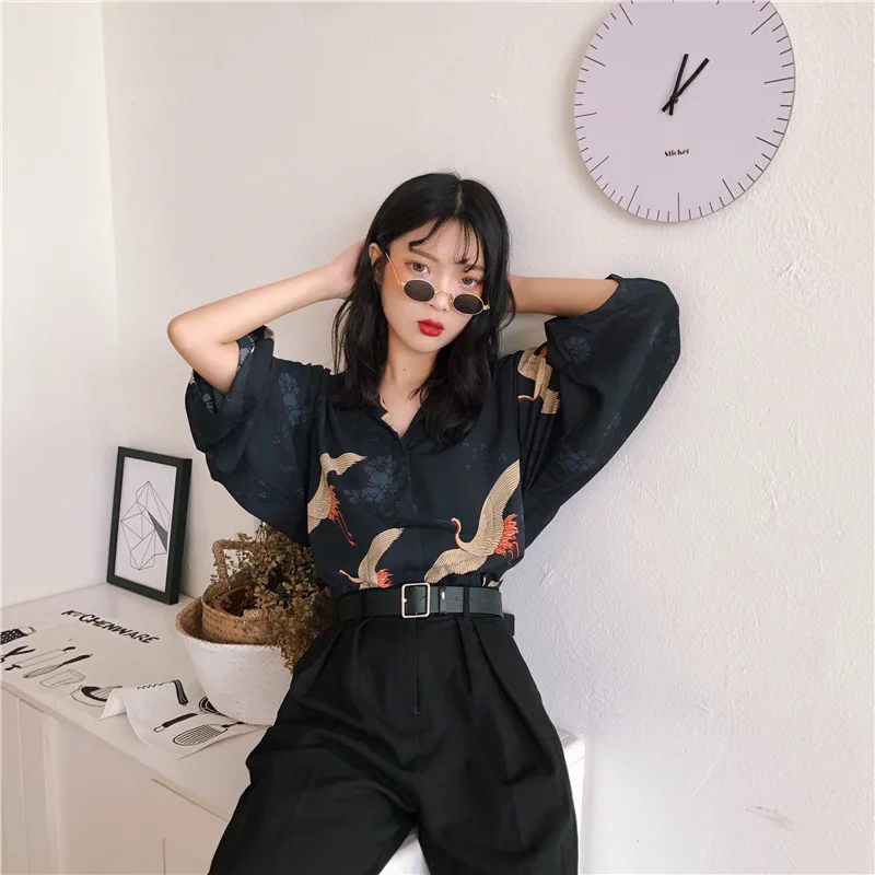 Women's Shirts Lady Kawaii Ulzzang Ins Chic Retro Loose Slim V-neck Crane Print Shirt Girl Punk Harajuku Tunic For Women Casual